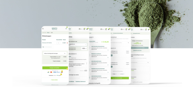 Weergave van 5 smartphones die het proces van een winkelwagentje aantonen