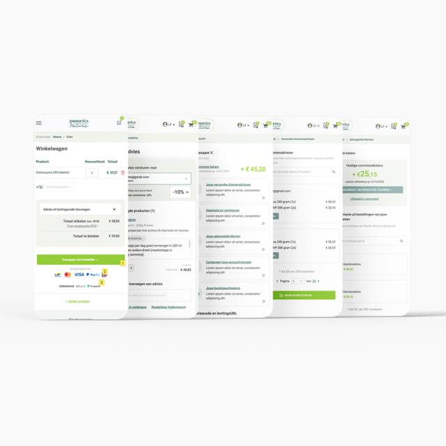 Weergave van 4 smartphones die het proces van een winkelwagentje aantonen