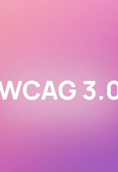 Witte tekst "WCAG 3.0" op een paars-roze achtergrond met zwevende witte iconen van het universele toegankelijkheidssymbool.